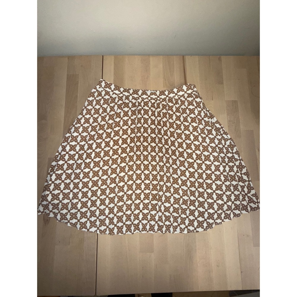J. Crew Pleated A-Line Skirt White‎ Brown Geometric Print Size 4